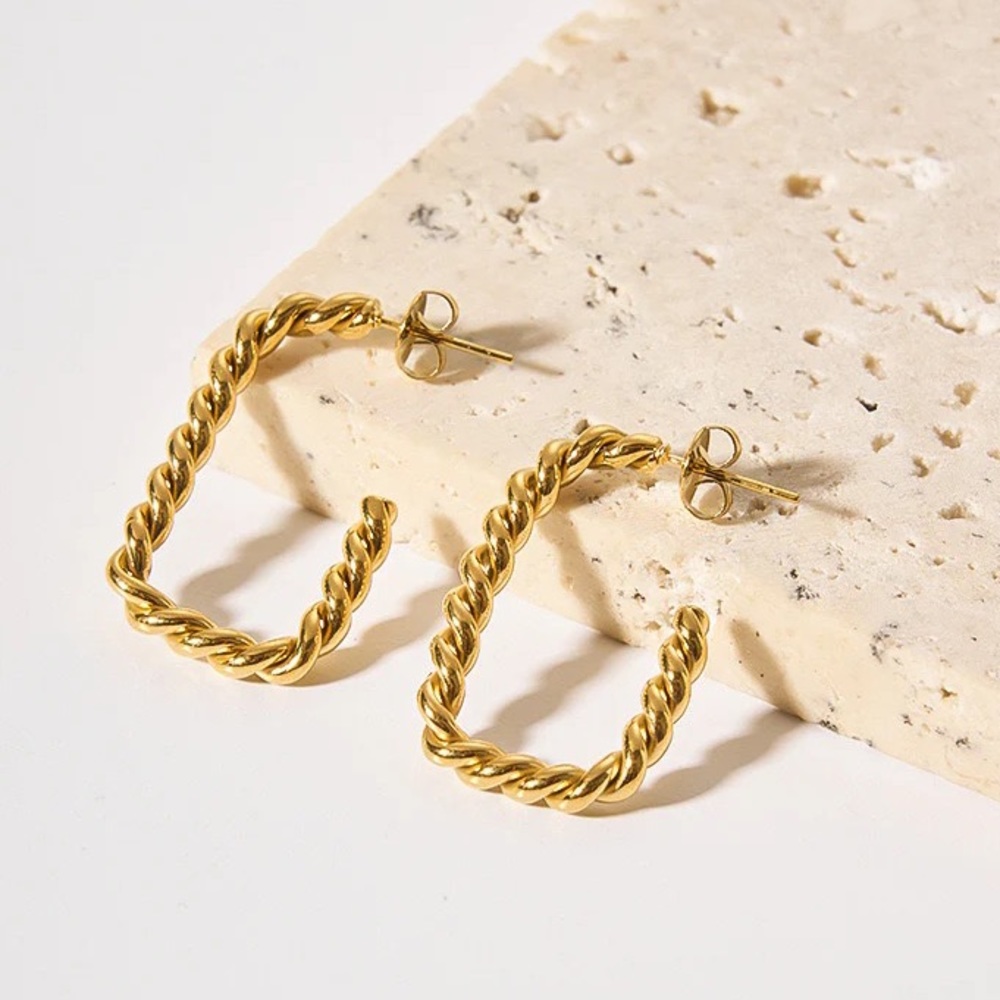 18K Gold Twisted Hoop Earrings*Rectangular Hoop*Twisted Rope*Waterproof Earrings